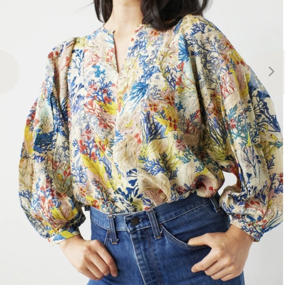 Chufy Cliff Blouse Cotton Silk Coral Print Balloon Sleeve top Small Multi‎